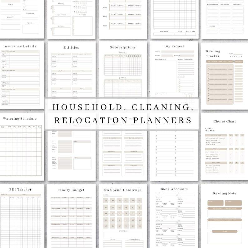 Op de afbeelding: Een verzameling afdrukbare plannerpagina's met titels als 'Verzekeringsgegevens', 'Hulpprogramma's' en 'Gezinsbudget'. De pagina's zijn in een neutraal kleurenpalet met een minimalistisch ontwerp. De tekst 'HOUSEHOLD, CLEANING, RELOCATION PLANNERS' wordt weergegeven.