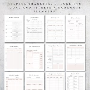Puede incluir: Un conjunto de 10 p&aacute;ginas de planificador imprimibles para realizar un seguimiento de los h&aacute;bitos, los entrenamientos, las listas de la compra, los objetivos de fitness, el sue&ntilde;o, la comida diaria, las recetas, la p&eacute;rdida de peso y los h&aacute;bitos de salud. Las p&aacute;ginas est&aacute;n dise&ntilde;adas con una est&eacute;tica minimalista y presentan un fondo beige claro.