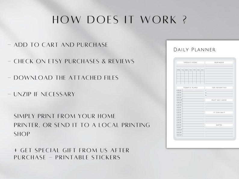 May include: A printable daily planner with a gray background and black text. The planner includes sections for today's goal, today's plan, top priorities, must get done, it can wait, and notes. The text "DAILY PLANNER" is at the top of the page.