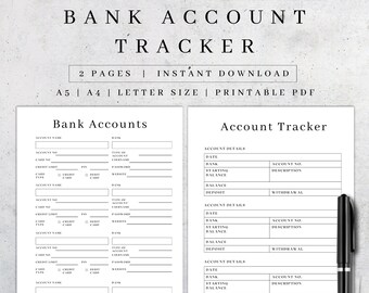 Bank Account Tracker | Printable Business Bank Account Log | Business Planner PDF | Bookkeeping for Small Business | Bank Account Details A4
