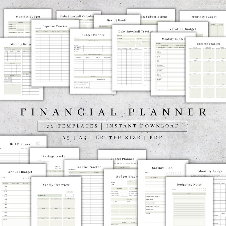 May include: A collection of 32 printable financial planner templates in PDF format. The templates include budget planners, expense trackers, income trackers, savings trackers, and more. The templates are designed for A5, A4, and letter size paper.