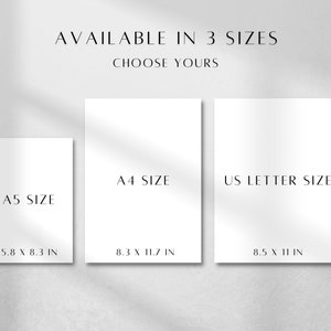 May include: Three white rectangular paper sheets displayed side by side with text indicating available sizes. The labels read A5 SIZE 14.8 x 21 cm, A4 SIZE 21 x 29.7 cm, and US LETTER SIZE 21.6 x 27.9 cm. The top text reads AVAILABLE IN 3 SIZES CHOOSE YOURS.
