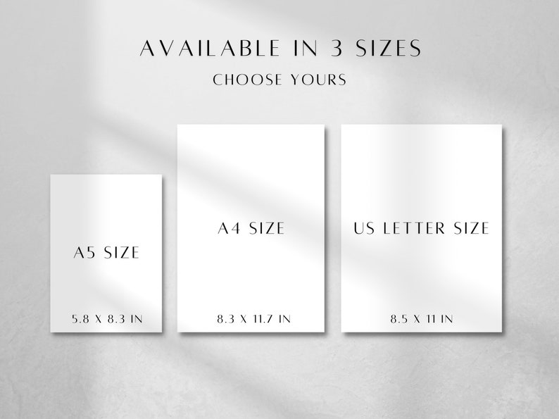 May include: Three white rectangular paper sheets displayed side by side with text indicating available sizes. The labels read A5 SIZE 14.8 x 21 cm, A4 SIZE 21 x 29.7 cm, and US LETTER SIZE 21.6 x 27.9 cm. The top text reads AVAILABLE IN 3 SIZES CHOOSE YOURS.