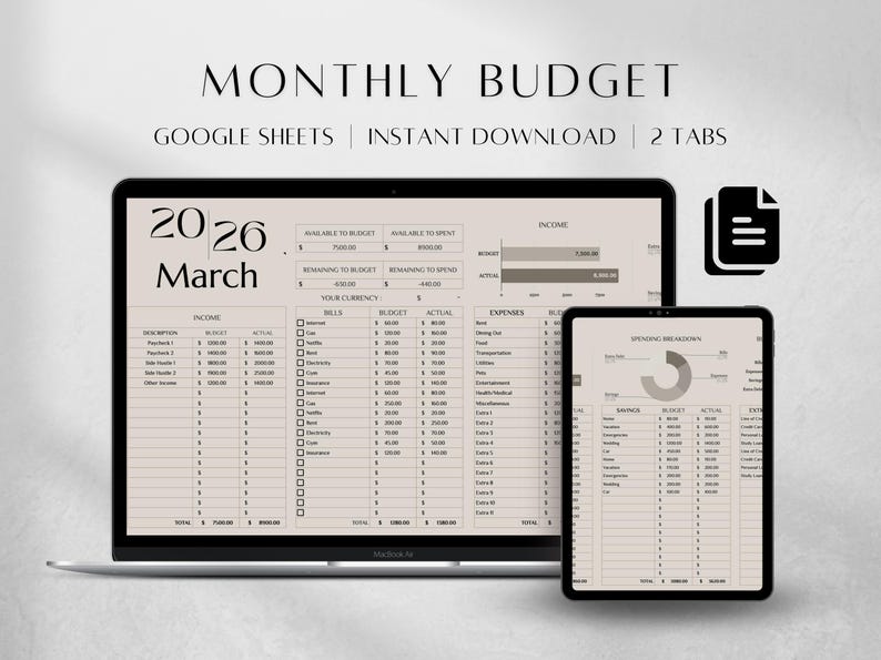 Minimalist Monthly Budget Spreadsheet , Google Sheets Finance Planner Digital Download image 1