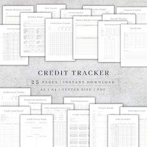 May include: A collection of printable financial planning pages, including a credit tracker, debt snowball calculator, and monthly budget sheets. The pages are in A5, A4, and letter sizes, and are available for instant download. The text "CREDIT TRACKER" is prominently displayed.