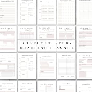 K&ouml;nnte beinhalten: Eine Sammlung von druckbaren Planerseiten mit einem neutralen Farbschema. Die Seiten enthalten Abschnitte f&uuml;r Reinigungsarbeiten, Zeitpl&auml;ne, Medikamente, Blutzuckerverfolgung und Notfallinformationen. Der Text "HOUSEHOLD, STUDY, COACHING PLANNER" ist sichtbar.