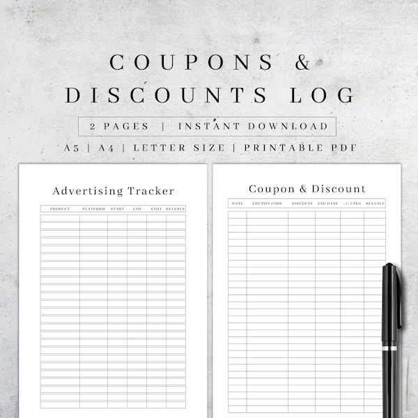 Printable Coupon Code Tracker | Digital Marketing Planner | Business Organizer PDF | Coupon & Discount Log | Coupon List | Shopping Inserts