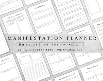 May include: A black and white printable manifestation planner with 60 pages. The planner includes worksheets, vision boards, and a letter to the universe. The text "MANIFESTATION PLANNER" is at the top of the page.