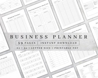 Könnte beinhalten: Ein schwarz-weißer druckbarer Business-Planer mit 59 Seiten. Der Planer enthält Seiten für Versandverfolger, Auftragsverfolger, Aufgabenverfolger, Wettbewerbsverfolger und Lieferantenlisten. Der Planer ist in den Größen A5, A4 und Letter erhältlich.