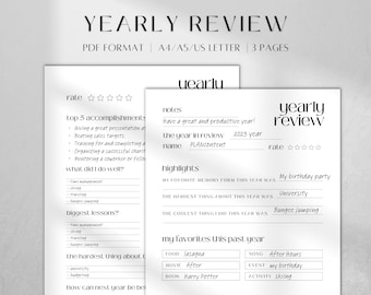 Yearly Review Printable | Minimalist Reflection Planner (A5/A4/Letter PDF)