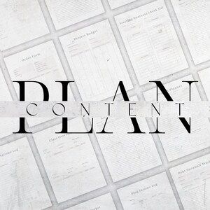K&ouml;nnte beinhalten: Eine Sammlung wei&szlig;er Papiervorlagen f&uuml;r die Gesch&auml;ftsplanung, darunter Projektbudgets, Checklisten und Einnahmenprotokolle. Der Text "DIAT CONTENT PLAN" ist in fetter, schwarzer Schrift &uuml;ber das Bild gelegt. Die Papiere sind auf einer hellgrauen Oberfl&auml;che angeordnet.