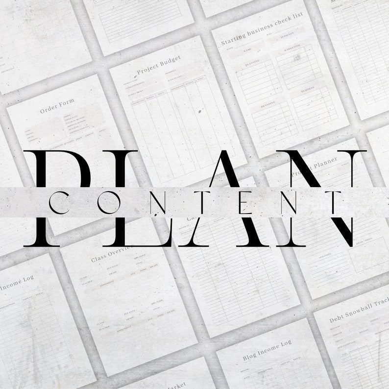 K&ouml;nnte beinhalten: Eine Sammlung wei&szlig;er Papiervorlagen f&uuml;r die Gesch&auml;ftsplanung, darunter Projektbudgets, Checklisten und Einnahmenprotokolle. Der Text "DIAT CONTENT PLAN" ist in fetter, schwarzer Schrift &uuml;ber das Bild gelegt. Die Papiere sind auf einer hellgrauen Oberfl&auml;che angeordnet.