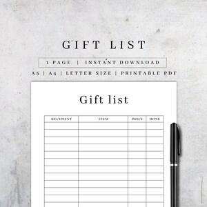 Página de lista de regalos imprimible / Lista de compras en PDF / Ideas para regalos / Lista de regalos digitales para fiestas y Navidad / Lista de compras en A5, A4, Carta