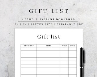 Printable Gift List Page | Shopping List Tracker PDF | Gift Ideas | Digital Holiday & Christmas Gift Tracker | To Buy List A5, A4, Letter