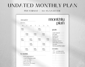 Undated Monthly Planner Printable | Monthly To-Do List PDF | Monday & Sunday Start | Portrait Monthly Agenda | A5/A4/Letter Instant Download