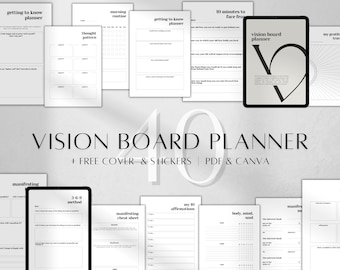 Puede incluir: Un conjunto de páginas de planificador de tablero de visión imprimibles en blanco y negro. Las páginas incluyen secciones para la fijación de objetivos, afirmaciones, gratitud y mucho más. El texto "VISION BOARD PLANNER + FREE COVER & STICKERS | PDF & CANVA" está en la parte superior de la imagen.