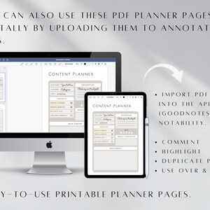 May include: A digital illustration of a computer screen and a tablet displaying a content planner template. The template is titled "Content Planner" and includes sections for "Your Platform", "Description", "Check my social media posts", "Create a checklist", "Create a story", "Create a video", "Create a blog post", "Create a community", "Main Content", "Review", "Rating", "Main Ideas". The text "IMPORT PDF FILES INTO THE APP (GOODNOTES, NOTABILITY, ETC) COMMENT HIGHLIGHT DUPLICATE PAGES USE OVER & OVER" is displayed on the right side of the image.