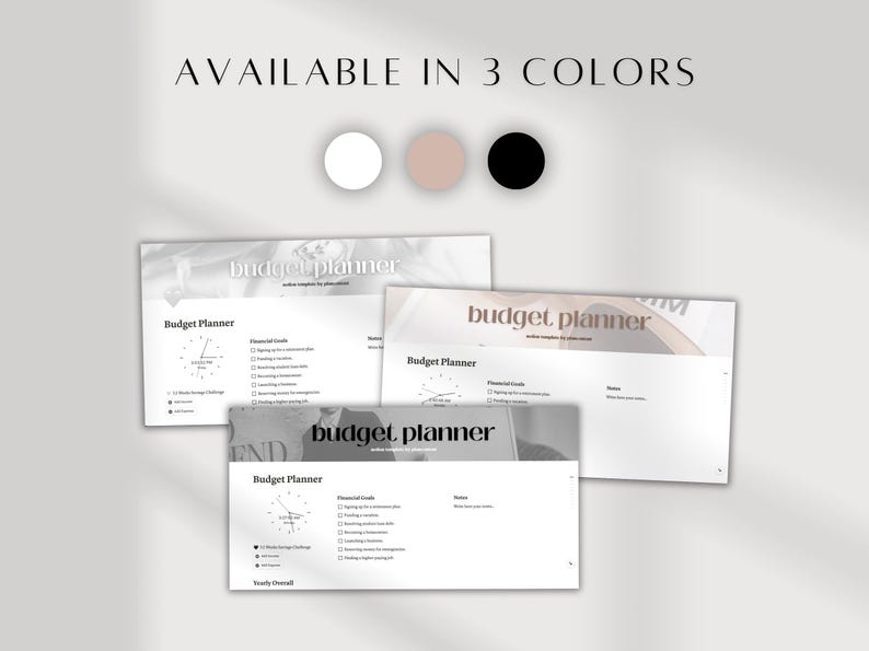 K&ouml;nnte beinhalten: Budgetplaner in drei Farben: Wei&szlig;, Beige und Schwarz. Die Planer tragen den Text "budget planner" und enthalten Abschnitte f&uuml;r finanzielle Ziele und Notizen. Das Bild enth&auml;lt auch den Text "AVAILABLE IN 3 COLORS".