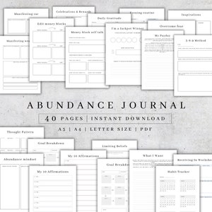 Diario de abundancia imprimible / Planificador de manifestación digital / Diario de sueños PDF / Diario de salud mental / Hoja de trabajo de bienestar A5, A4, Carta
