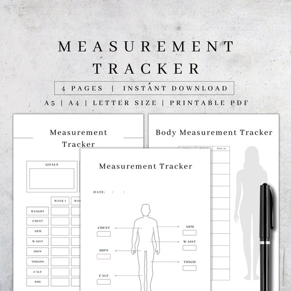 Body Measurement Tracker Printable | Weight Loss Challenge | Fitness Planner | Wellness Journal Kit | Digital Weekly Diet Plan | PDF A5, A4