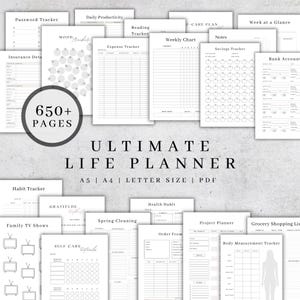 May include: A collection of white printable planner pages with various trackers, including expense, habit, and weekly charts. The text "ULTIMATE LIFE PLANNER" is displayed, along with "650+ PAGES". The planner is available in A5, A4, and letter sizes.