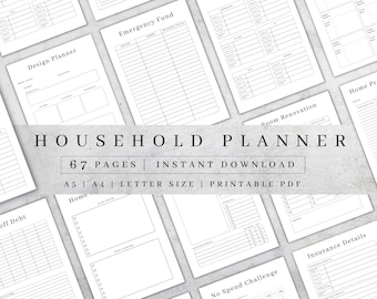 May include: A black and white printable household planner with 67 pages. The planner includes sections for design, emergency fund, utilities, room renovation, home projects, off debt, home, subscriptions, no spend challenge, and insurance details.