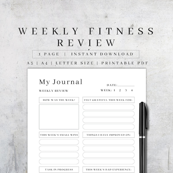 Printable Weekly Fitness Self-Review Sheet | Digital Fitness Journal Pages | Self-Reflection Page | Health Tracker | Fitness Planner PDF A5