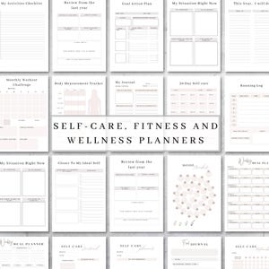 Op de afbeelding: Een verzameling zelfzorg-, fitness- en wellnessplanners. De pagina's bevatten verschillende lay-outs voor het stellen van doelen, het volgen van de voortgang en het bijhouden van een dagboek. De planners zijn in tinten wit, grijs en roze.