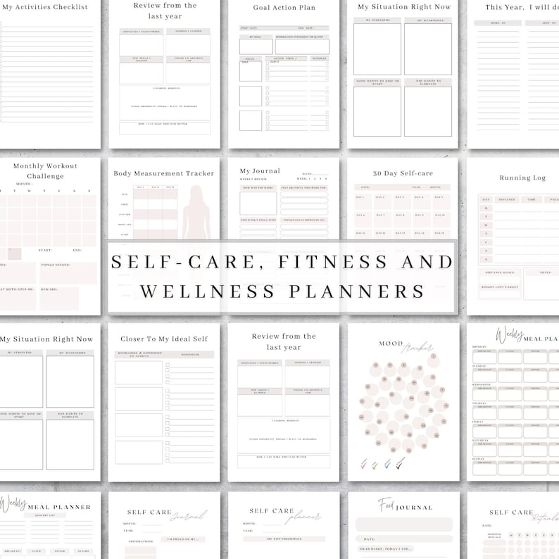 Op de afbeelding: Een verzameling zelfzorg-, fitness- en wellnessplanners. De pagina's bevatten verschillende lay-outs voor het stellen van doelen, het volgen van de voortgang en het bijhouden van een dagboek. De planners zijn in tinten wit, grijs en roze.