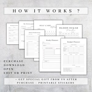 May include: A printable planner set with pages for reading, fitness goals, self-care, daily productivity, study planning, blood sugar tracking, and budgeting. The pages are black and white and have a minimalist design.