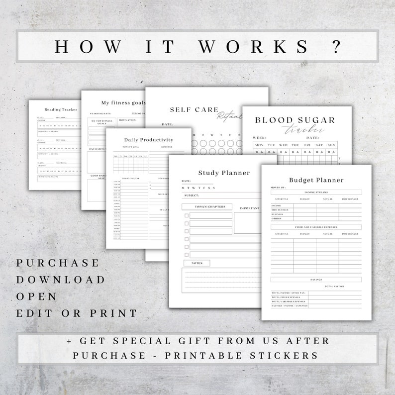 May include: A printable planner set with pages for reading, fitness goals, self-care, daily productivity, study planning, blood sugar tracking, and budgeting. The pages are black and white and have a minimalist design.