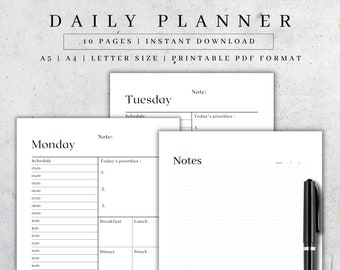 Minimalist Daily Planner Printable , Hourly Schedule Productivity Inserts , 365 Pages PDF A4 A5