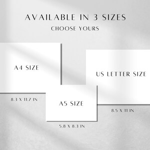 May include: Three different sizes of paper are shown with their dimensions in inches. The sizes are A4, US Letter, and A5.