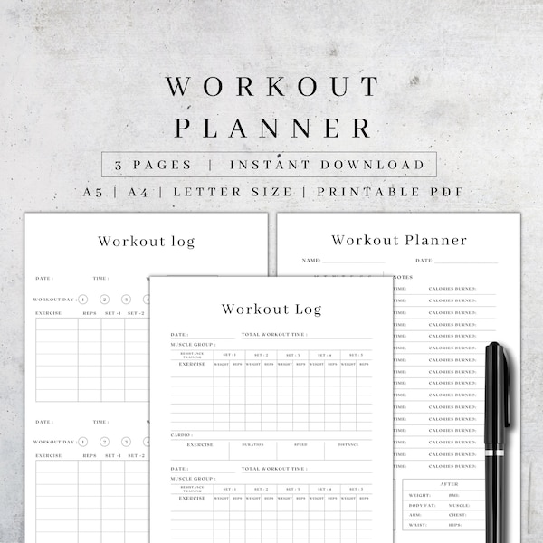 Workout Planner Printable | Digital Fitness Journal | Weight Loss Tracker Pdf | Weekly Workout Log| Daily Wellness Plan| Happy Planner A5 A4