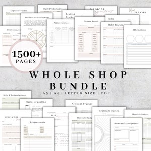 Op de afbeelding: Een verzameling afdrukbare plannerpagina's, waaronder uitgaven trackers, fitnessresultaten en gewoontetrackers. De bundel bevat meer dan 1500 pagina's in A5, A4 en letter formaten, in PDF formaat. De tekst "WHOLE SHOP BUNDLE" is prominent aanwezig.