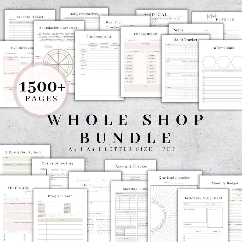 K&ouml;nnte beinhalten: Eine Sammlung druckbarer Planerseiten, darunter Ausgaben-Tracker, Fitnessergebnisse und Gewohnheitstracker. Das Bundle enth&auml;lt &uuml;ber 1500 Seiten in den Formaten A5, A4 und Letter, im PDF-Format. Der Text "WHOLE SHOP BUNDLE" ist deutlich sichtbar.