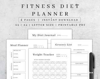 Weekly Meal Planner Printable | Food Diary, Calorie Tracker (A4, A5, Letter Sizes)(PDF Download)
