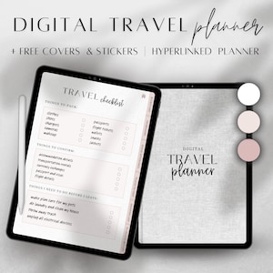 May include: A digital travel planner on a tablet screen with a checklist for packing, confirming details, and things to do before leaving. The planner has a white background with black text. The tablet is on a white surface with a shadow. The image also includes three color swatches: white, light pink, and dark pink.