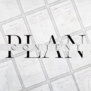May include: A collection of printable planner pages with titles such as "Order Form", "Project Budget", "Starting Business Check List", "Income Log", "Class Overview", "Debt Snowball Tracker", and "Blog Income Log".