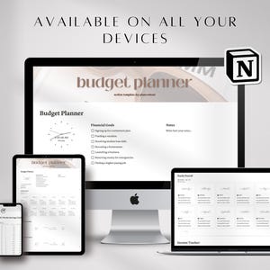 Pode incluir: Um planejador de or&ccedil;amento digital exibido em v&aacute;rios dispositivos: um computador desktop, um tablet, um laptop e um smartphone. As telas mostram modelos de planejamento financeiro com o texto "Budget Planner". A imagem inclui o texto "AVAILABLE ON ALL YOUR DEVICES".