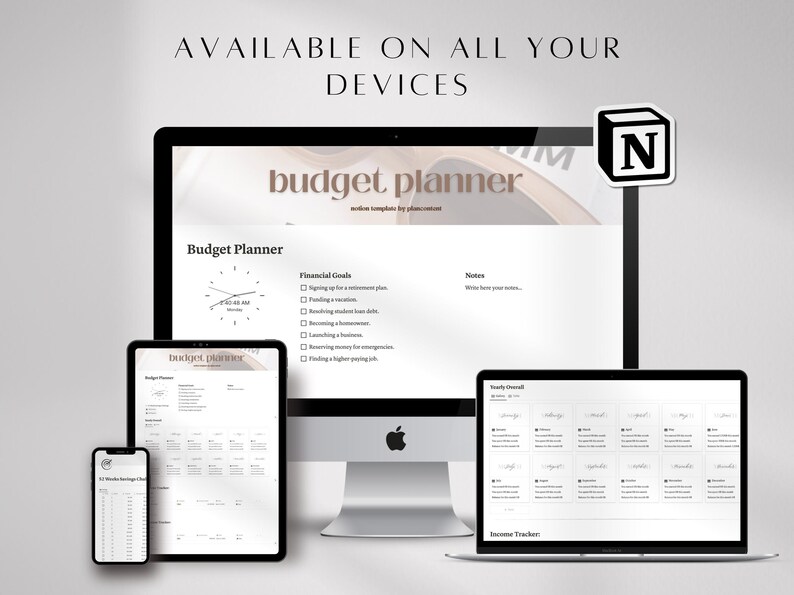 Pode incluir: Um planejador de or&ccedil;amento digital exibido em v&aacute;rios dispositivos: um computador desktop, um tablet, um laptop e um smartphone. As telas mostram modelos de planejamento financeiro com o texto "Budget Planner". A imagem inclui o texto "AVAILABLE ON ALL YOUR DEVICES".