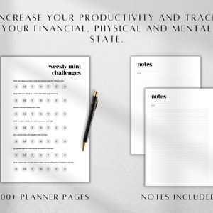 May include: A set of printable planner pages featuring a weekly mini challenges sheet with daily habit trackers and two notes pages with grid lines. The text reads INCREASE YOUR PRODUCTIVITY AND TRACK YOUR FINANCIAL, PHYSICAL AND MENTAL STATE.