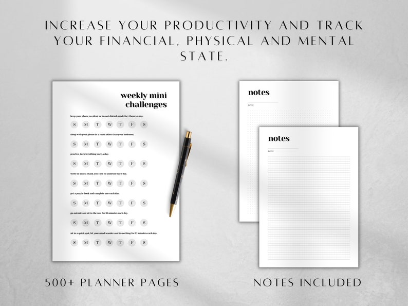 May include: A set of printable planner pages featuring a weekly mini challenges sheet with daily habit trackers and two notes pages with grid lines. The text reads INCREASE YOUR PRODUCTIVITY AND TRACK YOUR FINANCIAL, PHYSICAL AND MENTAL STATE.