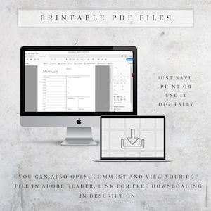 K&ouml;nnte beinhalten: Ein Desktop-Computer und ein Laptop, die einen druckbaren PDF-Planer anzeigen. Der Planer enth&auml;lt Abschnitte f&uuml;r Zeitpl&auml;ne und Notizen. Der Text auf dem Bild lautet "PRINTABLE PDF FILES" und "JUST SAVE, PRINT OR USE IT DIGITALLY."