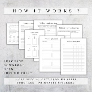 May include: A collection of white printable planning sheets with black text, including titles like "How It Works?", "Video Brainstorm", and "Tiktok Content". The sheets are designed for social media content planning.