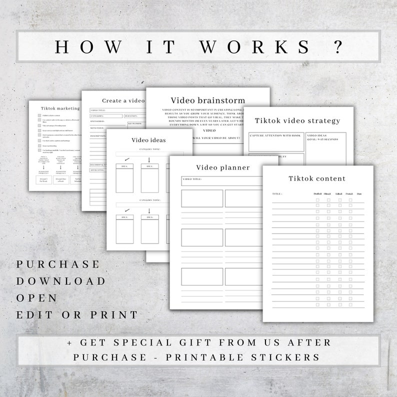 May include: A collection of white printable planning sheets with black text, including titles like "How It Works?", "Video Brainstorm", and "Tiktok Content". The sheets are designed for social media content planning.