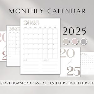 Páginas del calendario mensual 2025 / Planificador mensual digital con fecha / Lista de tareas / Plantilla de calendario de escritorio / Calendario anual imprimible PDF A5 A4 Carta