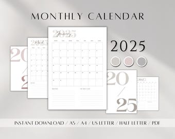 2025 Monthly Calendar Pages | Digital Dated Monthly Planner | Task List | Desk Calendar Template| Printable Yearly Calendar PDF A5 A4 Letter