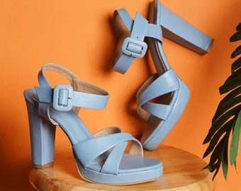 HELLBLAUE HEELS, babyblaue Knöchelschuhe, hellblaue Hochzeitsschuhe, etwas Blaues, blaue Hochzeitssandalen, Blockabsatz-Sandalen, Geschenk für Sie