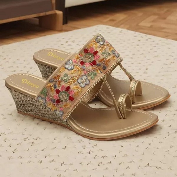 Gold Ethic Sandal Traditional Shoes Handmade Shoes Wedge Heel Sandal Ladies Shoes Indian Sandal, Women Sandals Bridal High Heels.